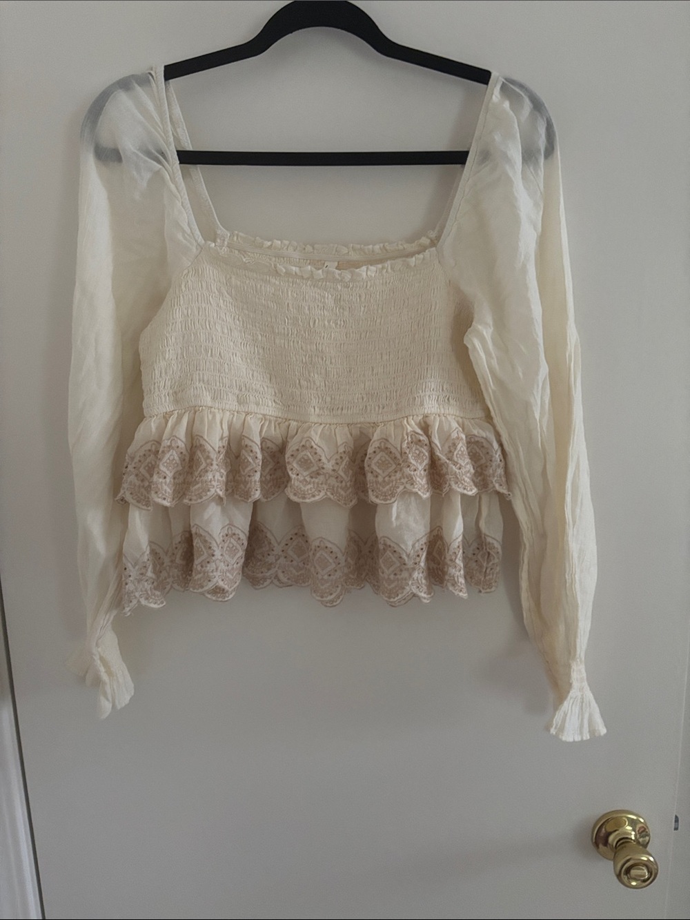 American Eagle Outfitters Cream Lace Tiered Peasant Blouse